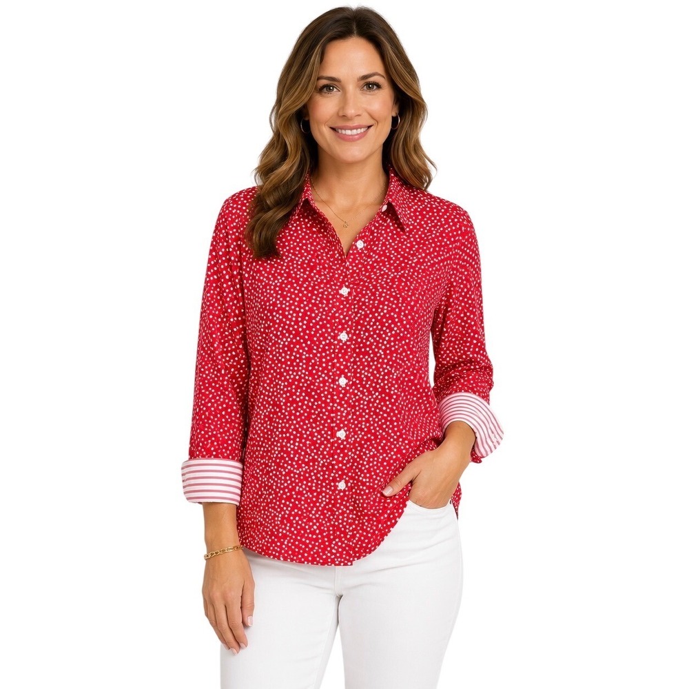 NEW Chaps Women's Large Red Polka Dot No‎ Iron Button Down Shirt Slimming Fit